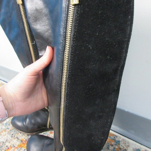 Michael Kors Leather Knee High Riding Tall Boots Women 7.5 Black Low Heels 1034 - Picture 2 of 15